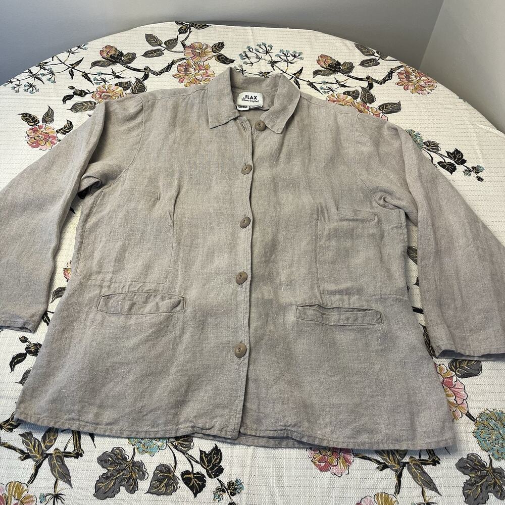 FLAX 100% Linen Tan/Brown Relaxed Shirt Jacket Size Small (6-10) Pockets Buttons